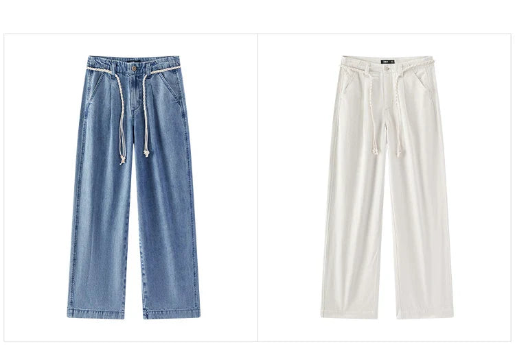 Women Jeans Soft Cool Belted Loose Wide Leg Denim Pants 2026 Summer Casual Daily