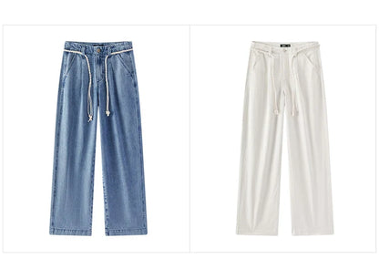 Women Jeans Soft Cool Belted Loose Wide Leg Denim Pants 2026 Summer Casual Daily