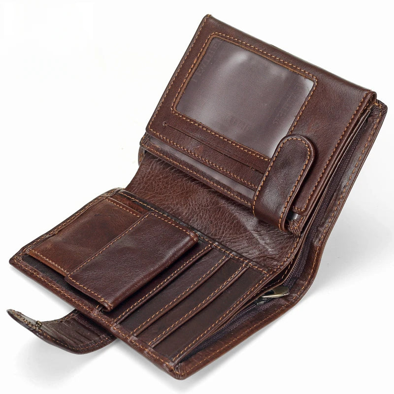 New Men Wallet Cowhide Genuine Leather Wallets Coin Purse Clutch Hasp Open Top Quality Retro Short Wallet Multi Cards Slots