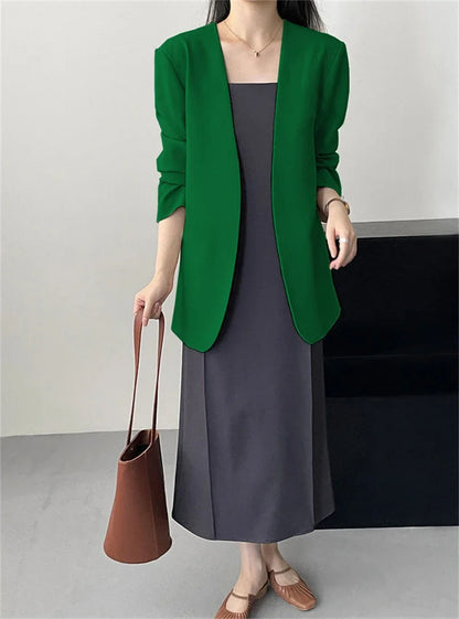 Fashion New Solid Casual Joker Women's Blazer Spring Autumn No Placket Cardigan Suit Jackets V-neck Long Sleeve 19-Color Coats