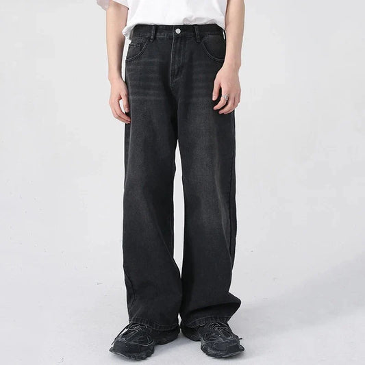 Men Classic Straight Leg Casual Jeans Male Brand Wide Leg Black Denim Pants Simple Vintage Outside High Street Denim Trousers