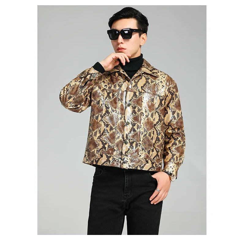 Autumn Short Handsome Cool Colorful Snakeskin Print Pu Leather Jacket Men Luxury European Style Clothes 2023 EU Size