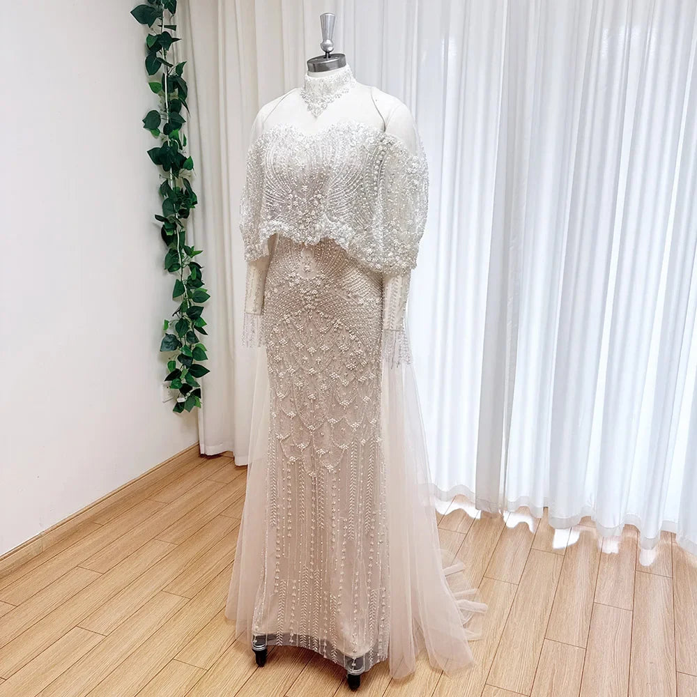 Beaded Mermaid Evening Dress for Women 2026 Elegant High Neck Long Sleeves for Women Wedding Party Gown Customized
