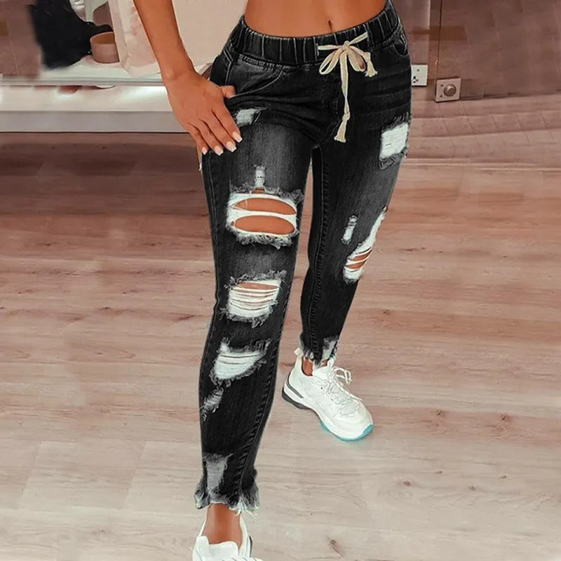 Women's S-5XL Size Tight Waist Jeans Women's Mid Waist Lace up Slim Fit Elastic Feet Pants Perforated Denim Pants