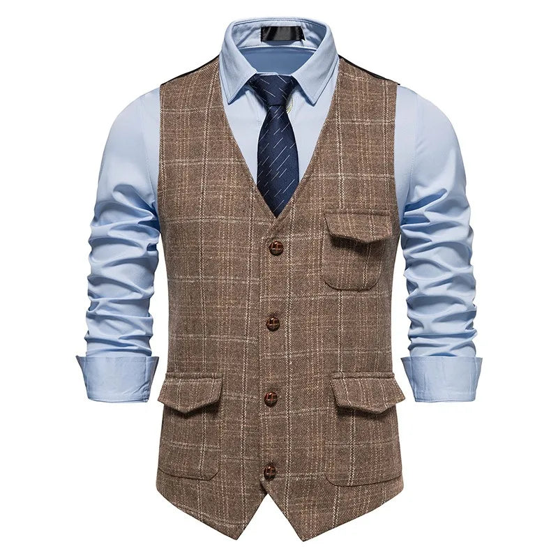 Man Waistcoat British Style Plaid Single-breasted Men Suit Vest Retro Slim V-neck Sleeveless Pocket Male Casual Vest