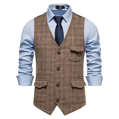 Man Waistcoat British Style Plaid Single-breasted Men Suit Vest Retro Slim V-neck Sleeveless Pocket Male Casual Vest