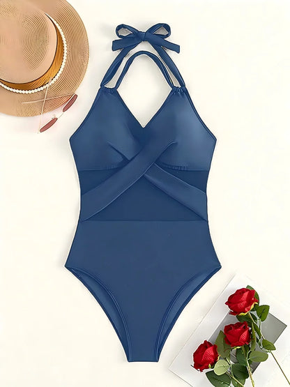 2026 Plain Ruched Mesh Swimsuit Women One Piece Ring Link Swimwear Female Sexy Bathing Swimming Suit Bodysuit Summer Beachwear