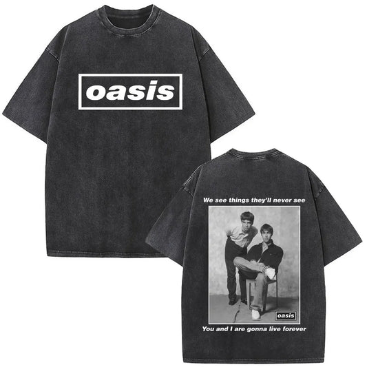 O-Oasis T-Shirts British Rock Band Vintage Washed T-shirt Men Women Clothing Cotton Casual Short Sleeve T Shirts Tops Streetwear