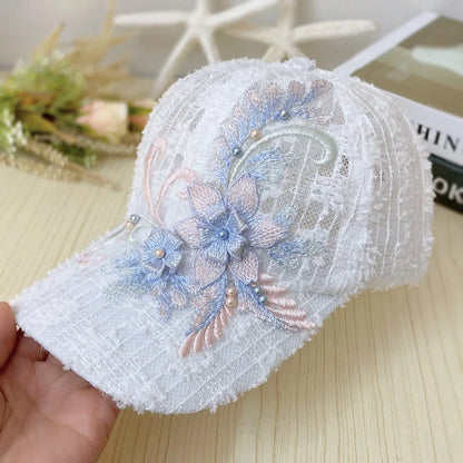 Summer Baseball Cap for Women Embroidered Flowers Mesh Breathable Duck Tongue Hat Sunscreen Sunshade Hat Rebound Cap