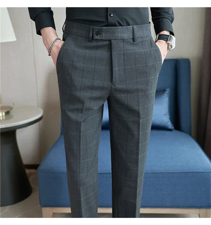 2026 Classic Men's Slim Fit Plaid Striped Casual Pants Fashion Business Slim Fit Suit Pants Formal Groom Wedding Dress Trousers