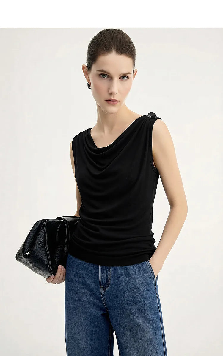 Cowl Neck Women's Tank Top 2026 Summer New Stretch Knit Sleeveless Camisole Loose Casual Holiday Vest For Women 12622062