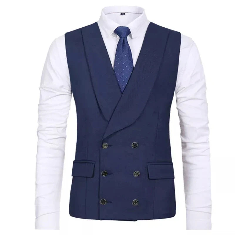 Men Vest Gray Double Breasted Casual Business Waistcoat Jacket Formal Slim For Groosmen Wedding Banquet Suit