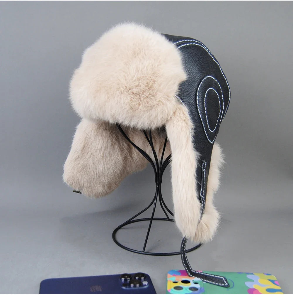 2026 Fashion Men's 100% Natural Rabbit Fur Bomber Hats Winter Russian Man Warm Real Sheepskin Leather Hat Male Real Fur Caps