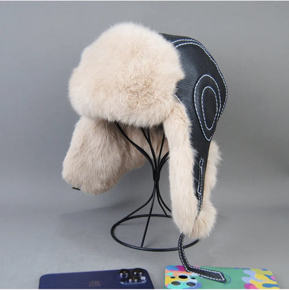 2026 Fashion Men's 100% Natural Rabbit Fur Bomber Hats Winter Russian Man Warm Real Sheepskin Leather Hat Male Real Fur Caps