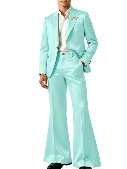 Luxury Men's Shiny Satin Suit 2 Piece Notch Lapel 1 button Jacket Wide Leg Flared Pants Wedding Groom Tuxedo Formal Party