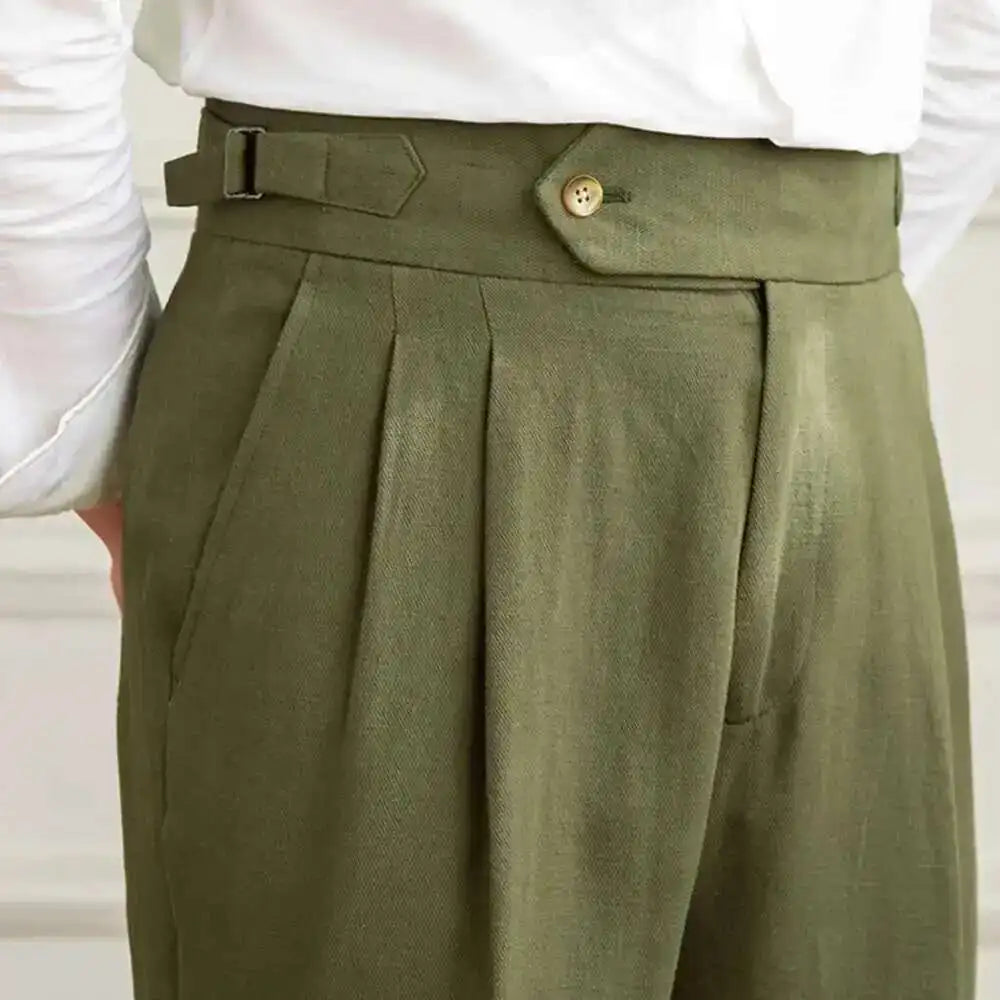 Linen Cotton High Waist Straight Casual Pants Men Versatile Naples Gentleman Pleated Pants High Quality Italian Dress Trousers