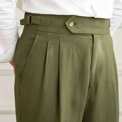 Linen Cotton High Waist Straight Casual Pants Men Versatile Naples Gentleman Pleated Pants High Quality Italian Dress Trousers