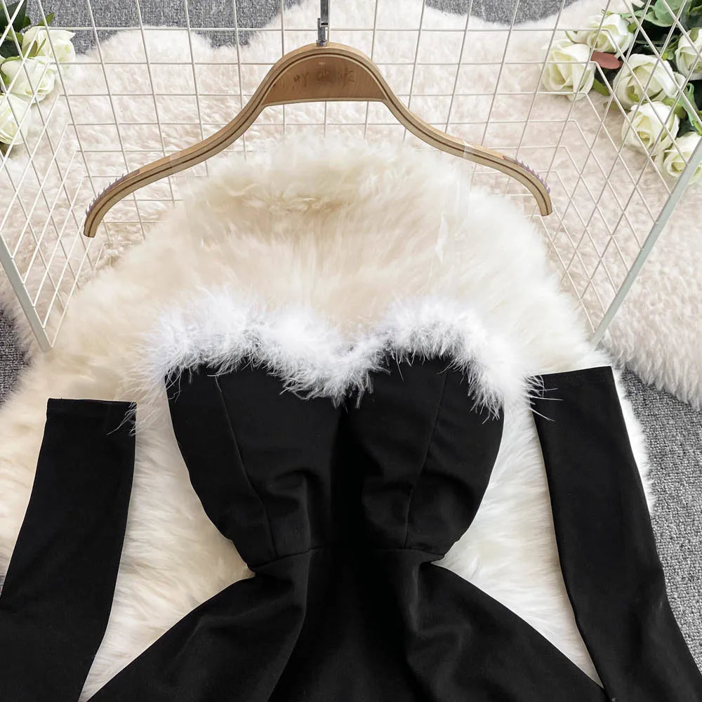Women's Christmas Dress Sexy Low-cut Waist Thin Big Pendulum Fluffy Splicing Suspender Tube Ling Dress Red