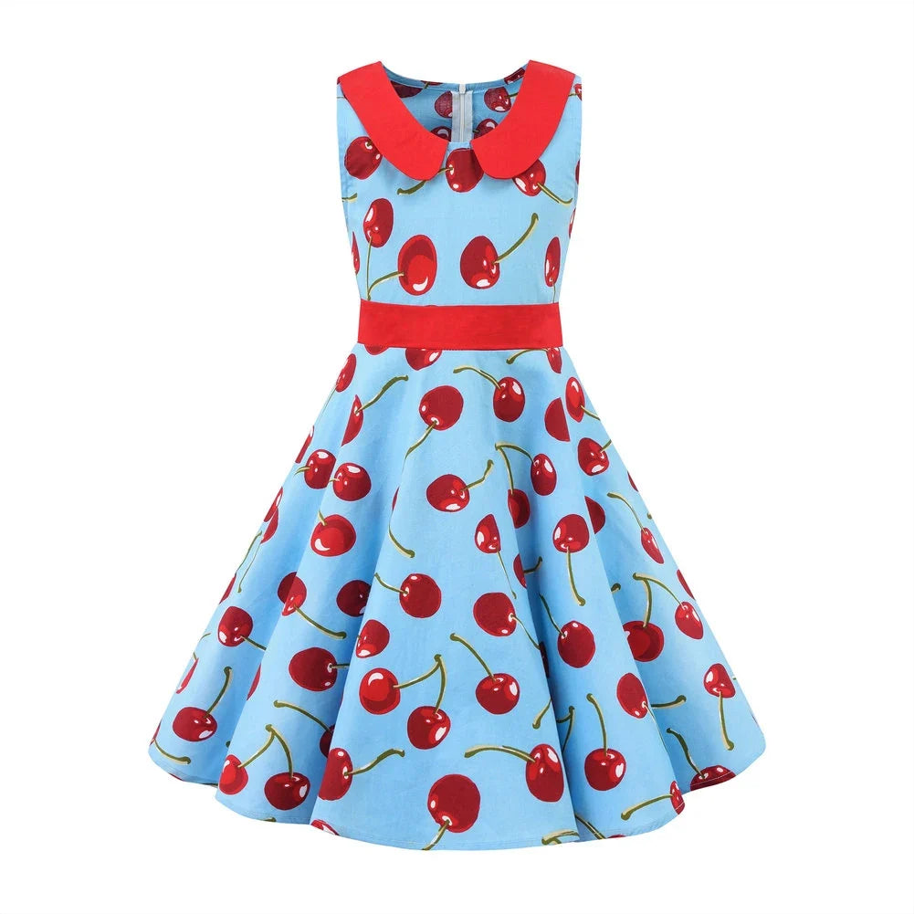 LPATTERN Girls' Vintage Rockabilly Dress Party Retro Polka Dot Floral Pattern A-line Dresses Pleated Skirt Knee-Length for 4-10Y