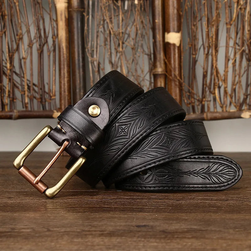 3.8CM Pure Cowhide Genuine Leather Retro Fashion Personality Embossed Belts for Men Luxury Brand Design Male Copper Buckle Belts