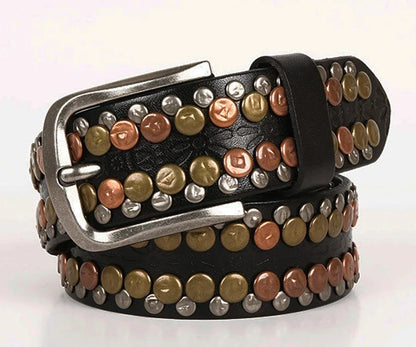 3.8CM  Hip Hop Punk Style Men Belt Round Rivet Real Genuine Cowskin Leather Strap Male Cowboy Studded Belts Rock Waistband