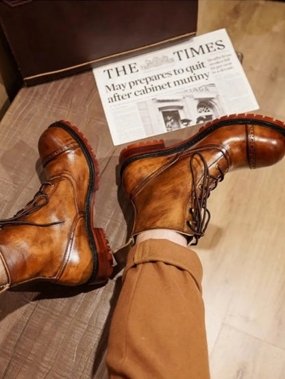 Vintage Mens Round Toe Lace Up High Top Work Safety Shoes Cowhide Genuine Leather Ankle Boots British Motorcycle Riding Boots 45