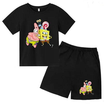 Kids Summer Anime SpongeBob SquarePants Fashion T-shirt 3-12 Years Boys Girls Toddler Short-sleeved+Shorts Casual Sportswear Set