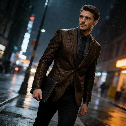 Men's Luxury Crocodile Pattern Leather Blazer Slim Fit Two Button Notch Lapel Suit Jacket Business Casual Wedding Tuxedo Dress