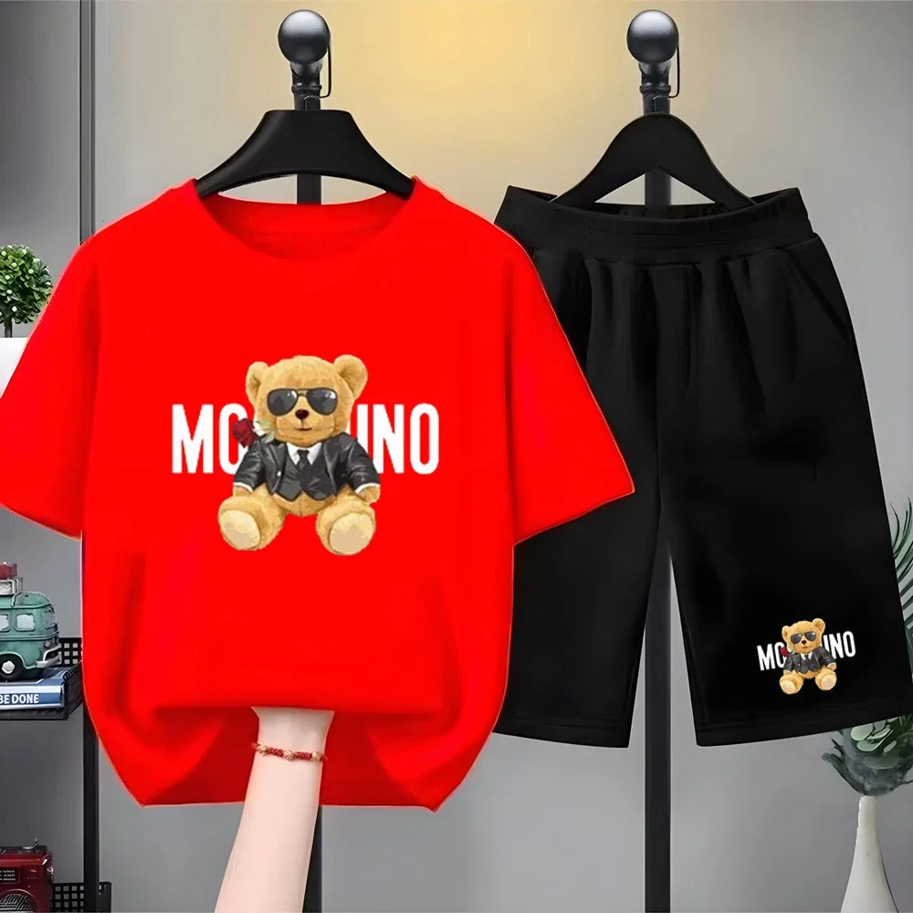 Fashion Letter Bear Print Children Summer Clothing Tshirt+Shorts Black Boy Girl Red Toddler 3-12Yrs Leisure Short-Sleeved Set