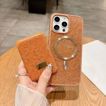 Luxury Glitter Flash Diamond Case With Magnetic Card Bag For iPhone 17 Air 16 15 14 Plus 13 12 Pro Max Anti-drop Protector Shell