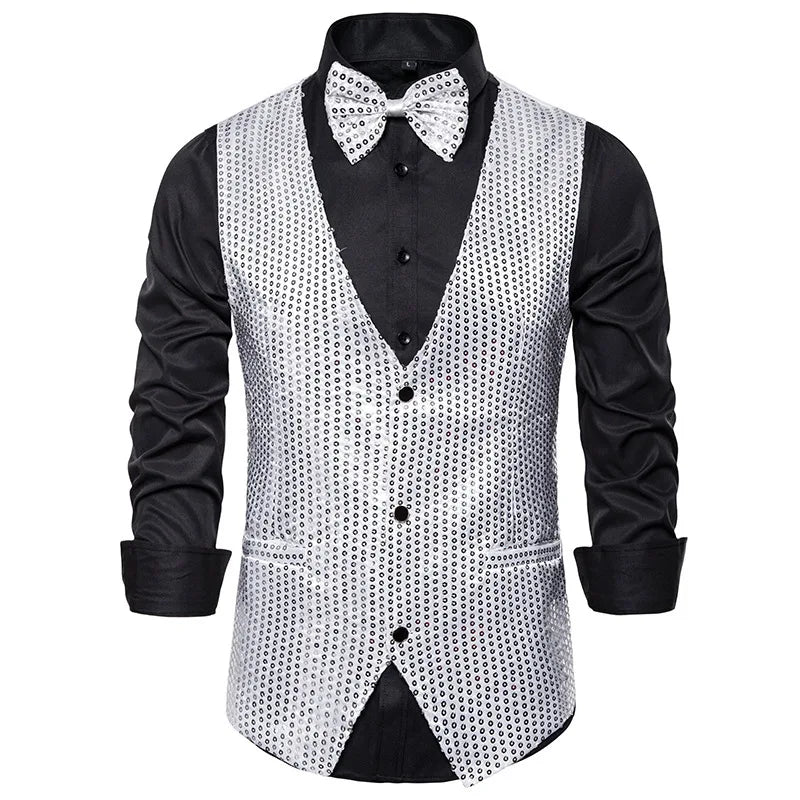 New Gold Sequin Vest Men's Single-breasted V-neck Sleeveless Vests Coat Wedding Party Waistcoat Silver Blue Purple Red Tops