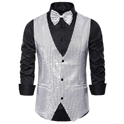 New Gold Sequin Vest Men's Single-breasted V-neck Sleeveless Vests Coat Wedding Party Waistcoat Silver Blue Purple Red Tops