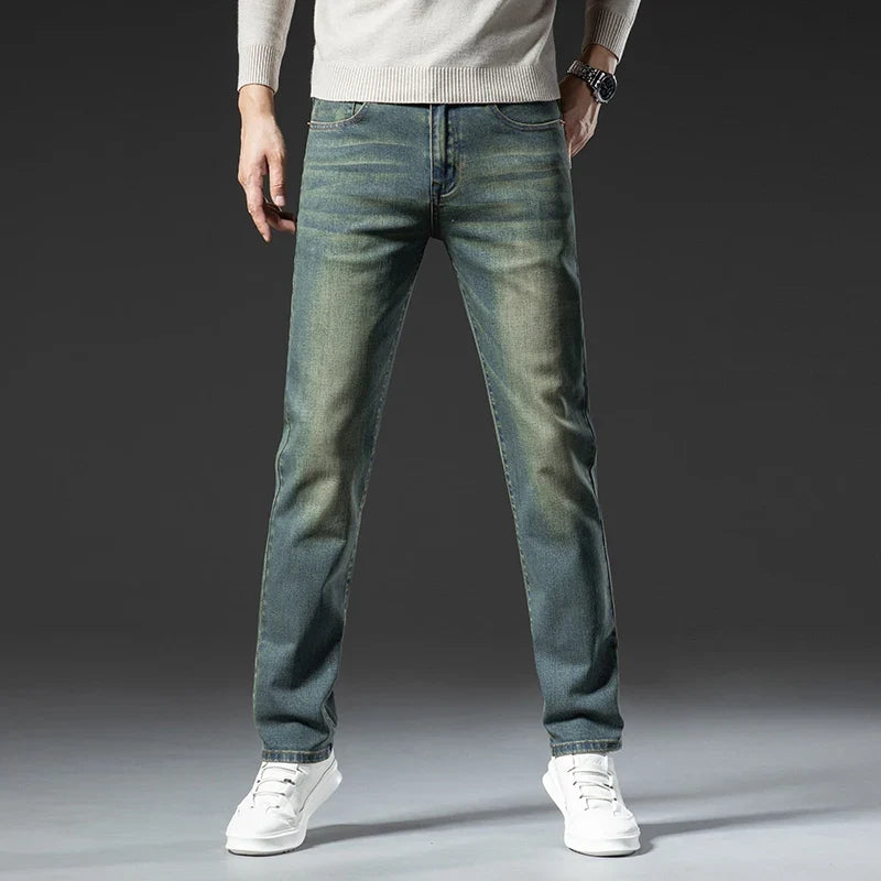 High Quality Winter Jeans Men's Warm Fleece Thickened Elastic Denim Pants Fashion Straight Elastic Retro Plush Velvet Pants