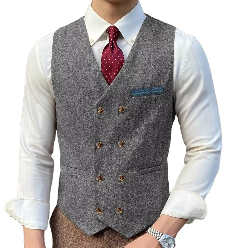 Men Vest Brown Solid Double ButtonTweed Slim Casual Business Waistcoat Jacket For Wedding Party Banquet Prom Set