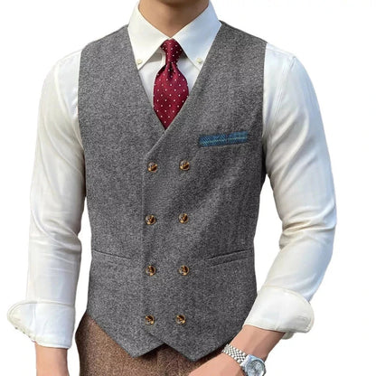 Men Vest Brown Solid Double ButtonTweed Slim Casual Business Waistcoat Jacket For Wedding Party Banquet Prom Set