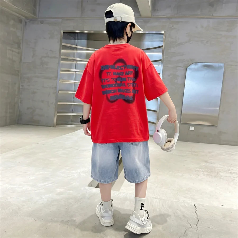 6-16 Year Children Short Sleeve Top And Bottom Clothing Set for Tween Boys Casual Streetwear Outfit Kids New Summer Clothes Suit
