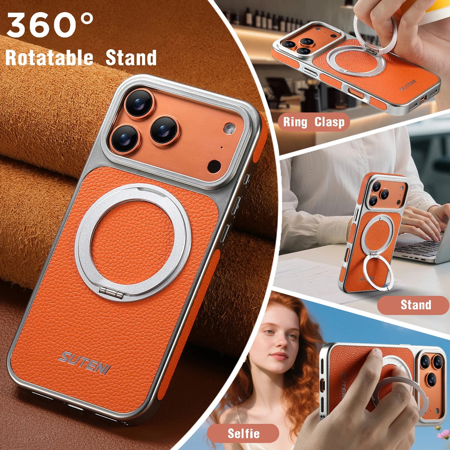 Faux Leather Magnet Wireless Charging Phone Case 360° Rotating Stand Ring Buckle Frosted Feel For iPhone 17 Pro Max 16 15