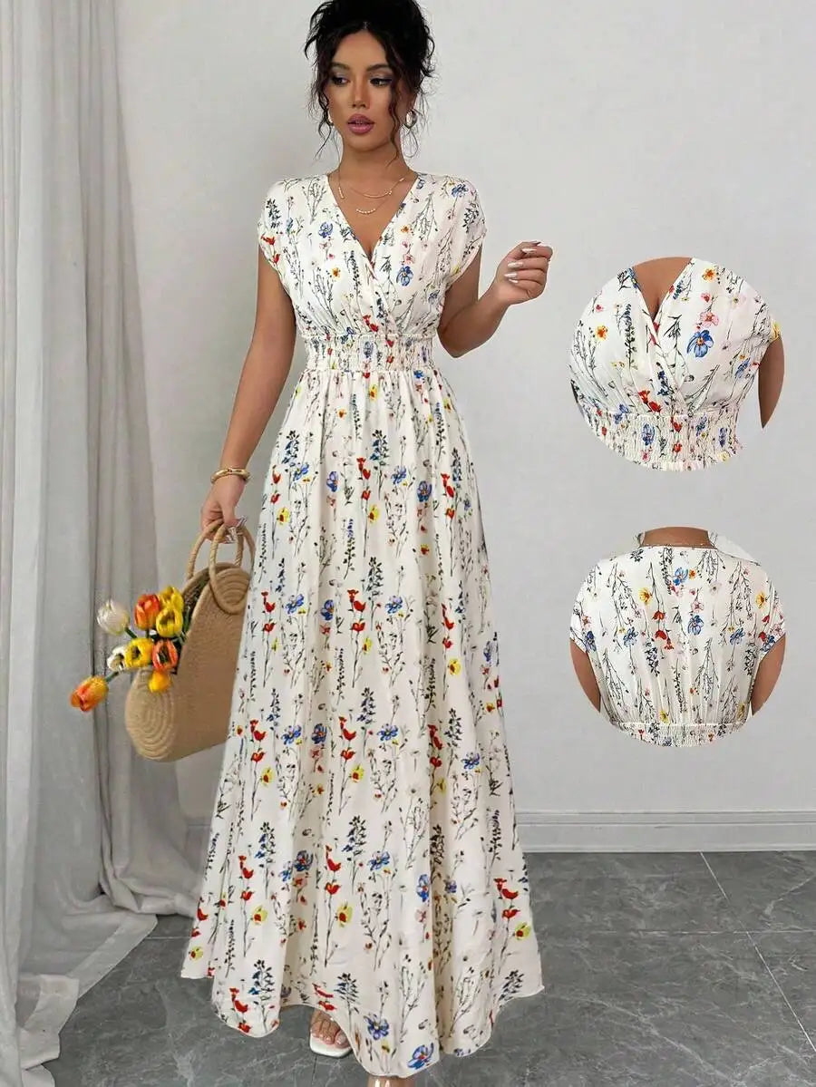 Women's Ditsy Floral V-Neck Sleeveless Waisted Maxi Dress