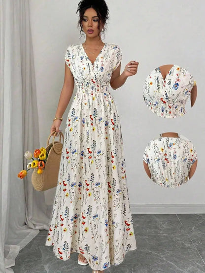 Women's Ditsy Floral V-Neck Sleeveless Waisted Maxi Dress