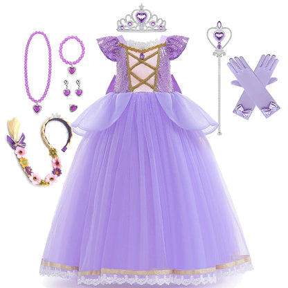 Princess Dress Girl Purple Deluxe Elegant Cosplay Tangled Costume Halloween Vestido Kids Birthday Ball Gown Clothes