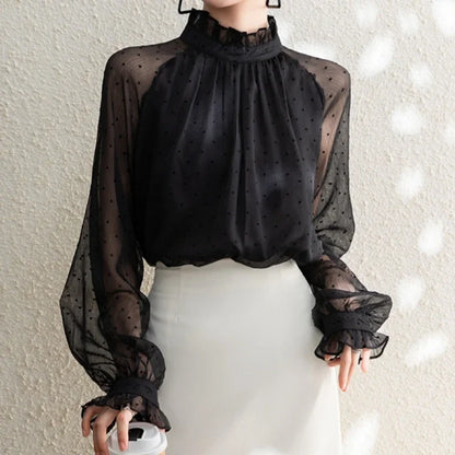 Spring Summer Black Polka Dots Mesh Women's Chiffon Blouses 2025 New Long Sleeve Stand Collar Vintage Loose Shirts Female