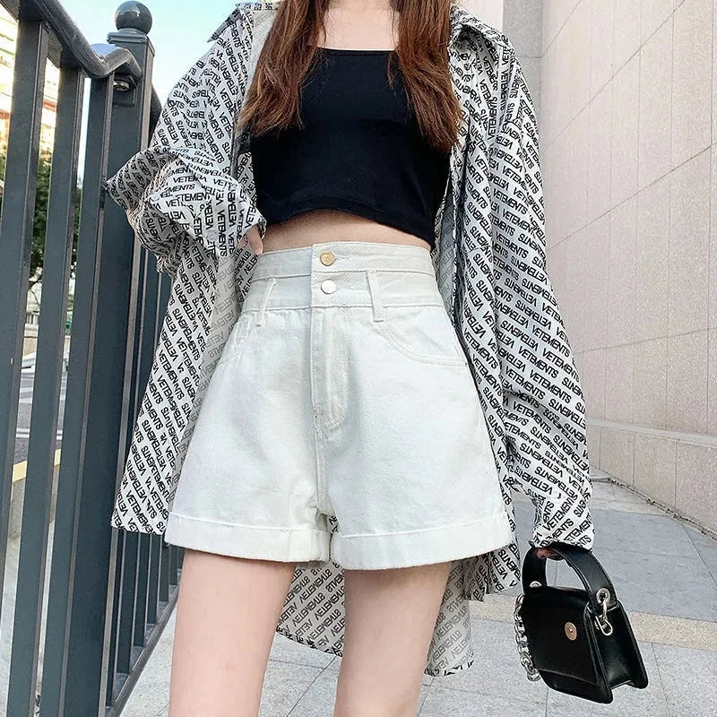 Double-Buckled Straight-Leg Short Jeans Women's Spring/Summer Loose Cuffed Wide-Leg Denim Shorts Trendy Y2K Mini Skirt Cuteore