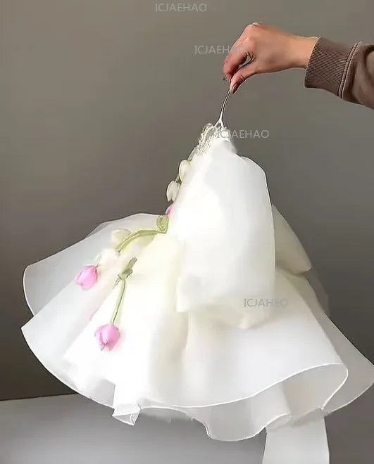 2026 New Children Girls Formal Dress Puff Sleeve Princess Gown Flower Girl Kids Floral Tulle Tutu Elegant Pageant Summer Costume