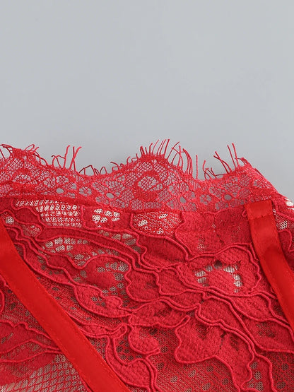 Christmas Dress For Women Red Lace Sexy Strapless Sleeveless Slim Supper Short Dress With Lace-Up