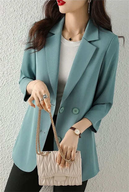 Women Solid Blazers Coat Fashion Slim Suits Female Casual Three-Quarter Sleeve Chic Tops Thin Office Lady Blazer Spring Summer