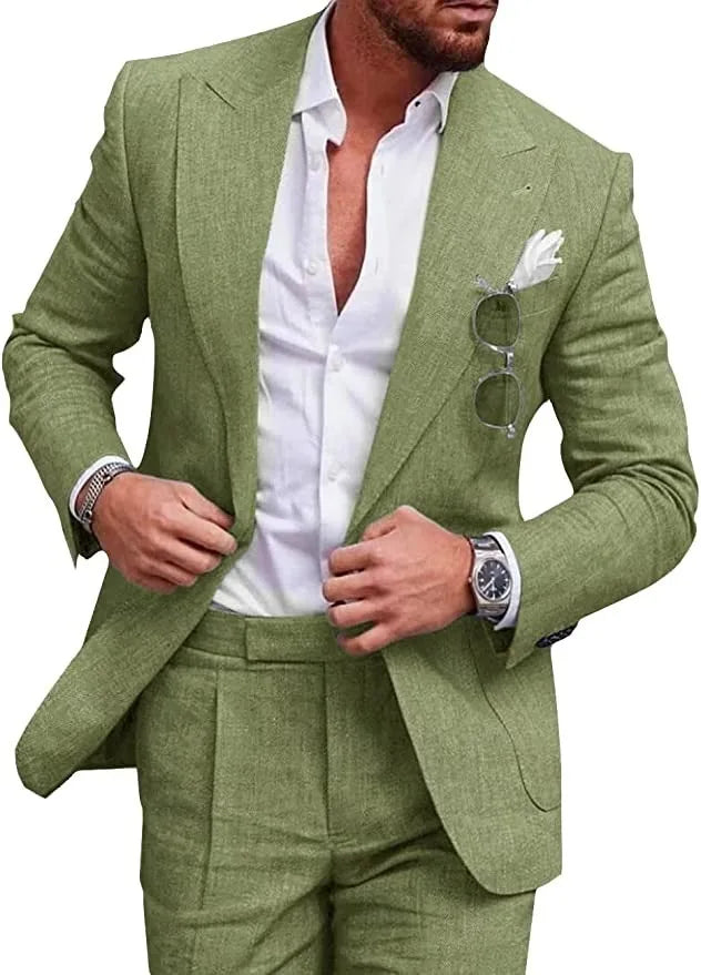Linen Causal Men Suits for Beach Party Solid Color Business Two Pieces Wedding Tuxedo Set Peak Lapel Suit Jacket with Pants