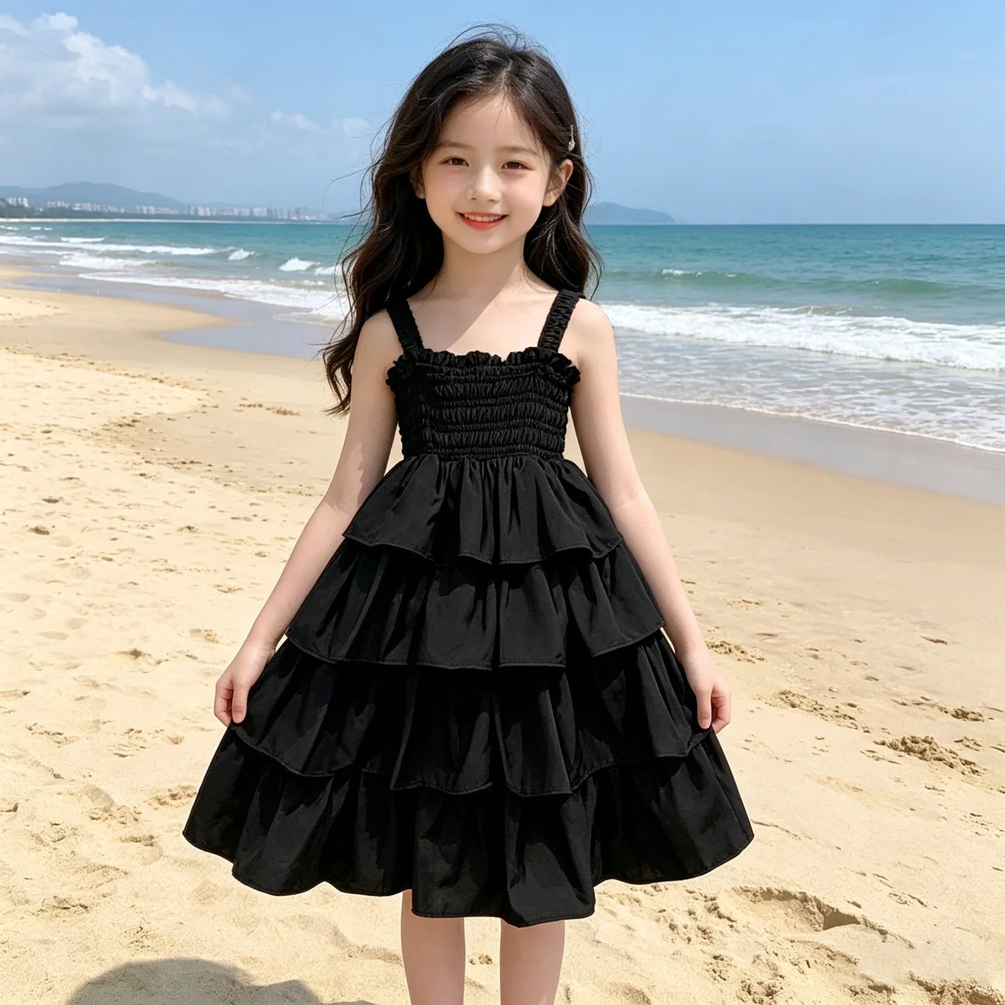 2026 Summer Girls Tiered Dress Sleeveless Strap Sundress Kids Ruffle Layered Casual Beach Party Princess Dress for 3-12 Years