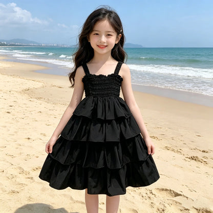 2026 Summer Girls Tiered Dress Sleeveless Strap Sundress Kids Ruffle Layered Casual Beach Party Princess Dress for 3-12 Years