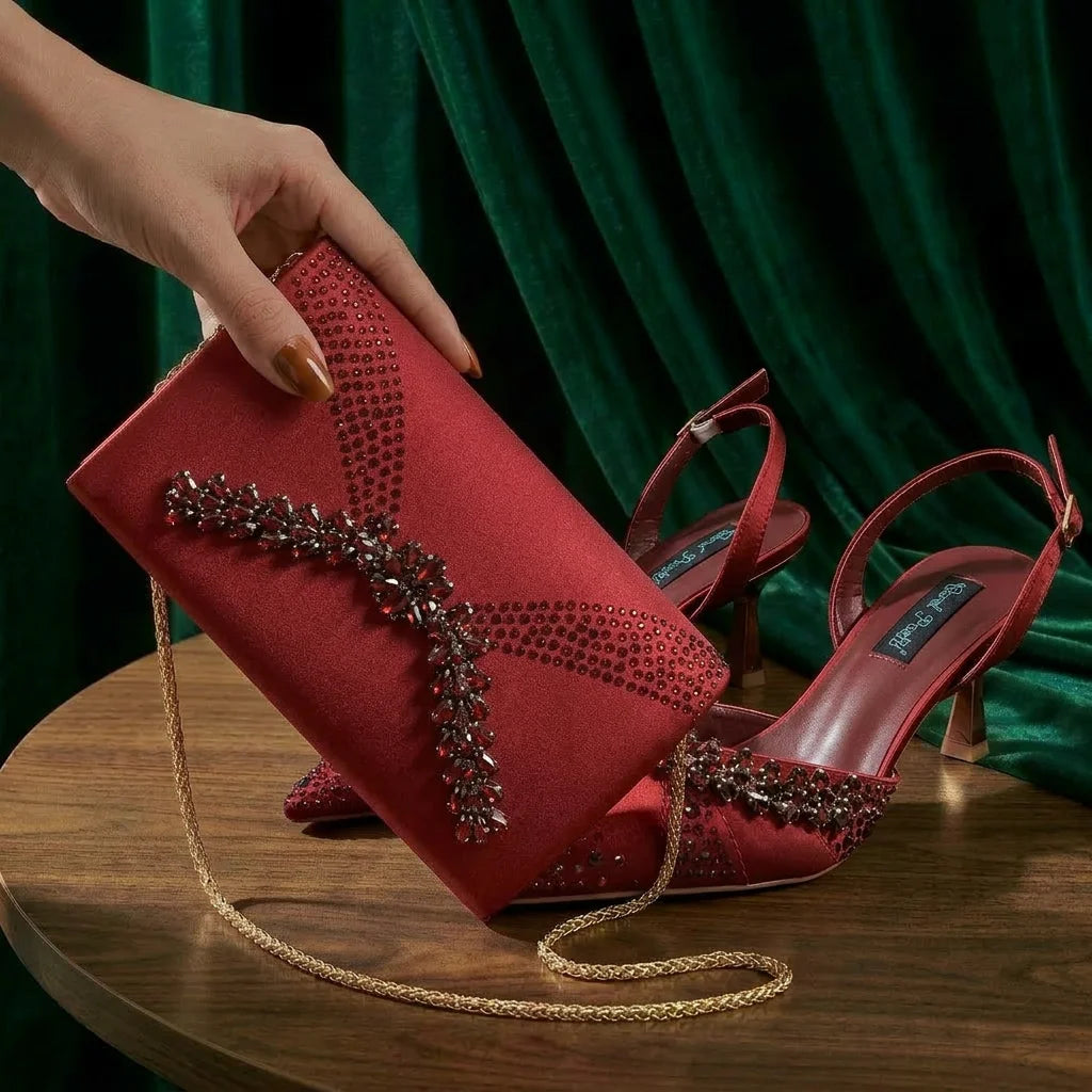 2026 Italian Inspired Gold Rhinestone HAND CRAFTED UPPER Pointed Toe Women High Heels Shoes and Bag Set Elegant Party Shoes