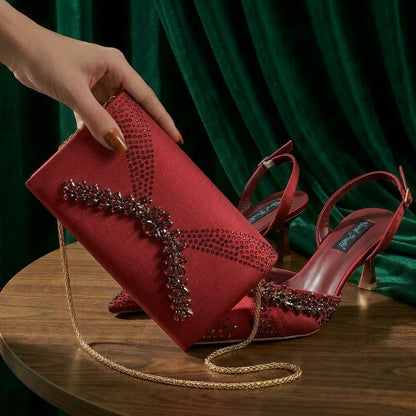 2026 Italian Inspired Gold Rhinestone HAND CRAFTED UPPER Pointed Toe Women High Heels Shoes and Bag Set Elegant Party Shoes